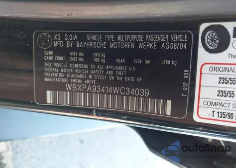 2004 BMW X3 3.0I from USA, damaged, VIN WBXPA93414WC34039